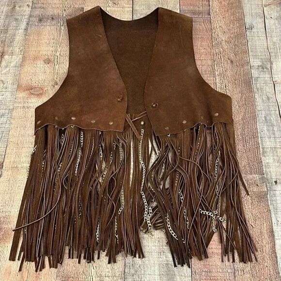 Ultra Rare Vintage Duette Leather Fringe with Chains Vest Made in Spain - Picture 13 of 16